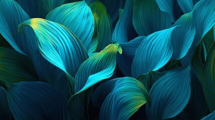 Poster - A mesmerizing display of stylized leaves in shades of teal, green, and yellow, creating a captivating abstract floral pattern. Nature's modern art.