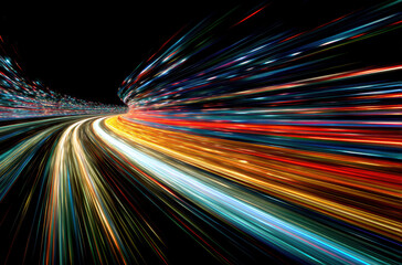 Poster - Vibrant light trails create dynamic sense of motion, showcasing colorful streaks against dark background