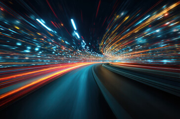 Poster - Dynamic light trails create sense of speed and motion on winding road at night, showcasing vibrant colors and energy