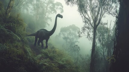 Canvas Print - Brachiosaurus walking through a misty forest nature scene fantasy setting dramatic viewpoint conceptual imagery