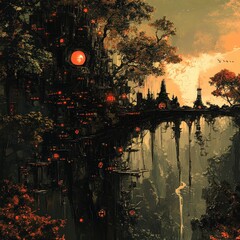 Canvas Print - Enchanted forest adventure fantasy realm digital art surreal environment high angle view magical experience