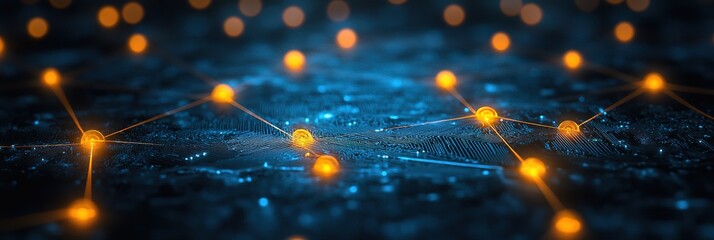 Fototapete - Abstract Glowing Circuit Board Network, Futuristic Technology Connections, High-Tech Data Flow, Digital Grid Background, Wide Background