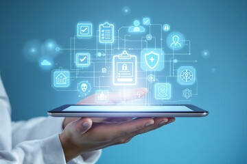 Poster - Digital healthcare technology concept with glowing medical icons on a tablet.