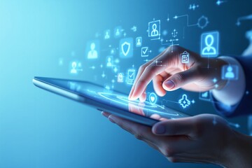 Poster - Business professional using digital tablet with futuristic interface icons on blue background.