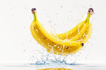 Poster - Fresh ripe bananas splashing into clear water on a light background.