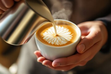 Poster - Barista pouring steamed milk into a cup of coffee with intricate latte art.
