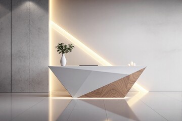 Poster - Modern reception desk with geometric design in minimalist interior.