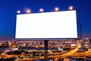 Poster - Blank billboard with bright lights above cityscape at night.