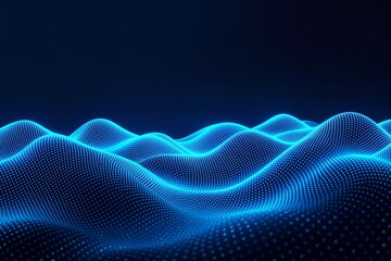 Poster - Abstract glowing blue wave of dots on dark background.