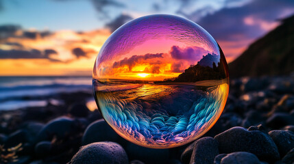 Aufkleber - Captivating bubble reflecting vibrant sunset colors Generative AI