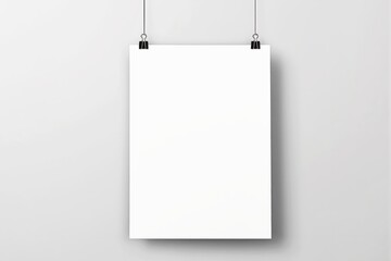 Poster - Blank white poster mockup hanging with clips on light gray wall.