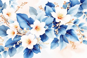 Poster - Elegant floral composition with white flowers and blue leaves on a light background.