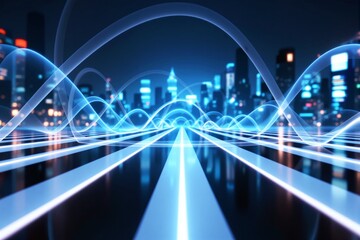 Poster - Futuristic digital highway with glowing blue light trails and a modern city skyline in the background.