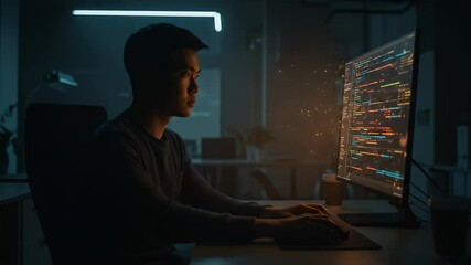 Focused programmer working late at night on computer screen displaying code