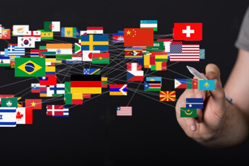 Fototapete - A diverse collection of world flags interconnected, symbolizing global collaboration and networking.