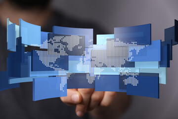 Poster - abstract digital world map, global network, technology, connectivity, data, internet, communication.