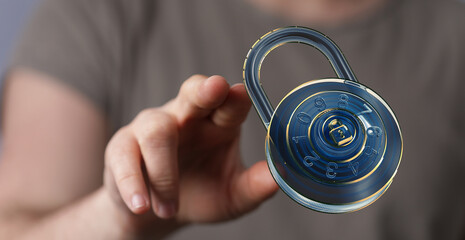 Aufkleber - Close-up of a hand reaching for a digital combination lock, symbolizing online security and data protection.