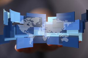 Aufkleber - Abstract image of a world map formed by digital data blocks.  Represents global connectivity and technology.