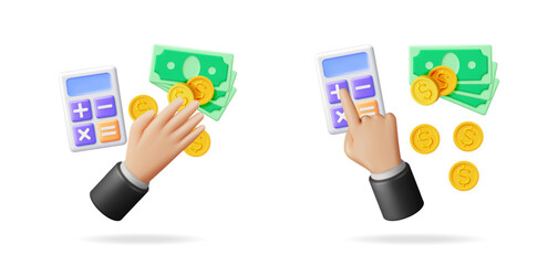 Poster - Man hand counting money with calculator. Financial planning concept for savings and budget management. Accounting and investment analysis.