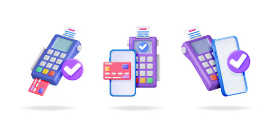 Poster - Payment terminal with credit card and smartphone. Pos terminal with valid check mark. Online paying concept. 3d vector illustration collection set.