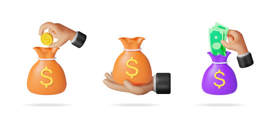 Poster - Hand putting coin in money bag, receiving money bag, and putting cash in money bag. Finance income concept.