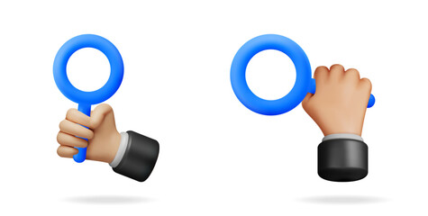Poster - Man hand holding blue magnifying glass on white background. Financial analysis and business research for growth strategy. 3d vector illustration.