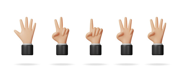 Poster - Hand gestures for counting from one to five. Set of cartoon human hands showing numbers. Numeric sign for communication.