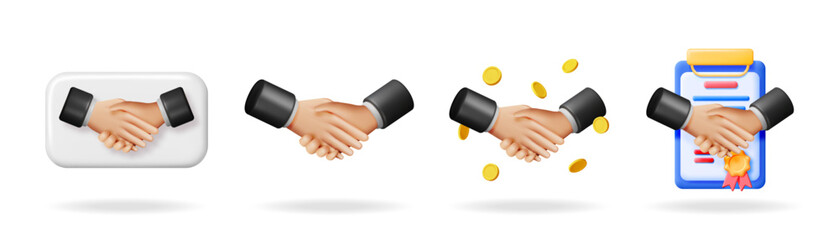 Poster - Set of 3d vector illustrations of handshake icons representing business partnership, agreement, and contract signing.
