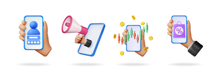 Poster - Hands holding phones with user login, megaphone, stock chart, and shopping bag displaying different digital interactions
