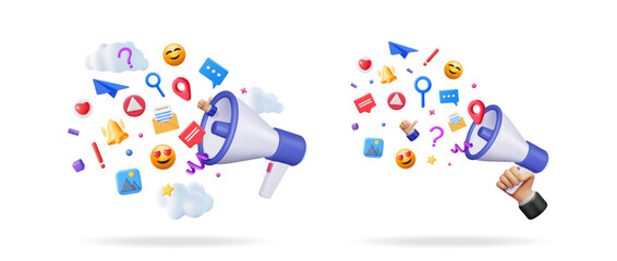 Poster - Two 3d render megaphones spreading social media icons and digital marketing symbols. Advertising, promotion, and news concept.