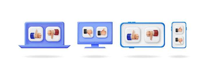 Poster - Like and dislike hand icon on various screens. Social media interaction buttons on laptop, monitor, tablet, and smartphone for approval or disapproval.