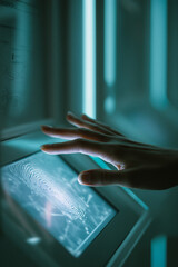 Poster - A hand touching a glowing screen displaying a fingerprint in a futuristic blue lit environment