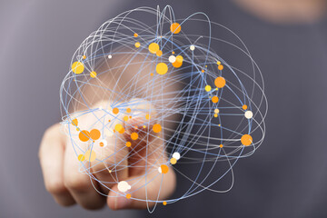 Aufkleber - Abstract image of a hand interacting with a digital sphere representing global network connections and data flow.