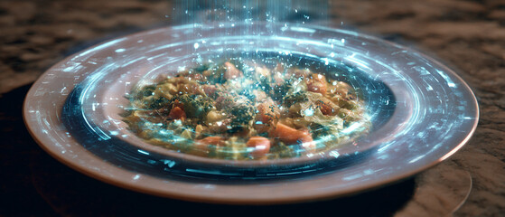 Poster - A futuristic plate of food with blue light effects surrounding the bowl on a textured surface