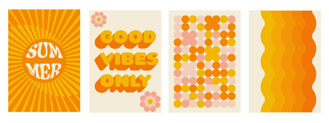 Poster - Summer backgrounds set. Groovy hippie 70s posters. Good vibes only. Funny flower, daisy, star. Vector cards in trendy retro psychedelic minimalist style for corporate identity, social media, graphic 