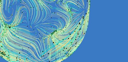 Poster - Vibrant teal and green lines swirl in an abstract pattern on a blue background. Perfect for tech or science designs.