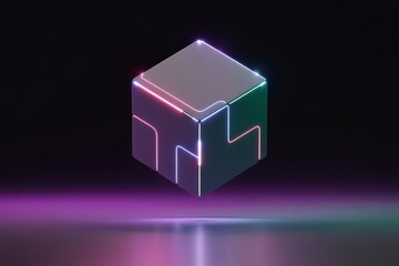 Aufkleber - Glowing cube with neon lines floating above a reflective surface
