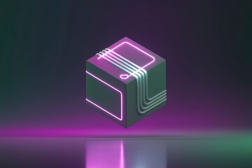Aufkleber - Isolated cube with neon lights and wires on a reflective surface