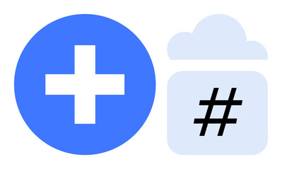 Poster - blue cross and metadata tag cloud graphic symbolizing healthcare integration, cloud storage, medical