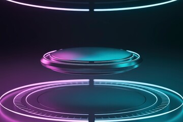 Poster - Floating platform with neon rings in a dark futuristic environment