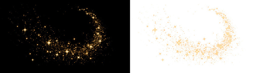 festive orange sparkle, starburst, and shimmering fireworks on a black background. glowing particles
