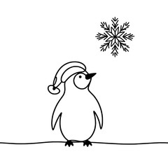 Poster - Penguin wearing a hat looking at a snowflake in a winter scene - Concept of single line outline vector  