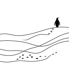 Poster - Penguin walking on waves with footprints in the form of single line outline vector drawing, view from afar