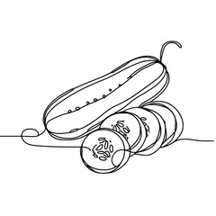 Poster - Outline vector of cucumber and sliced ​​pieces on flat surface, seeds visible