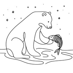 Poster - Outline illustration of a bear holding a fish under the stars - Concept of single line outline vector  