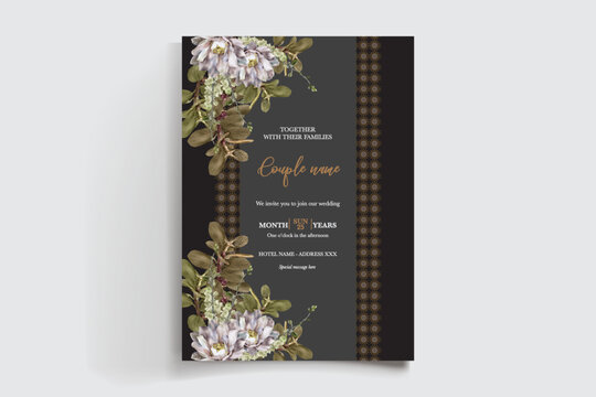 WEDDING INVITATION FRAME WITH FLOWER DECORATIONS AND FRESH LEAVES