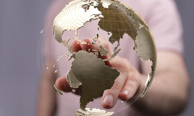 Leinwandbilder - Person's hand interacts with a digital globe, symbolizing global connection and networking.