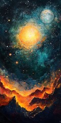 Poster - Abstract Cosmic Landscape Painting with Starry Sky Planets and Fiery Mountains