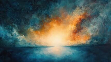Poster - Abstract Seascape Oil Painting with Dramatic Sky Golden Light and Deep Blue Water