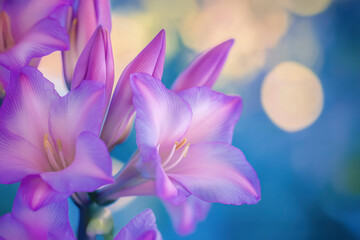 Poster - Delicate purple gladiolus flowers blooming in soft light